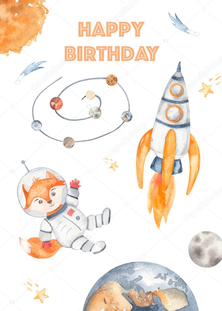 Happy birthday with rocket, little astronaut, earth, stars, comets Watercolor card cosmos 