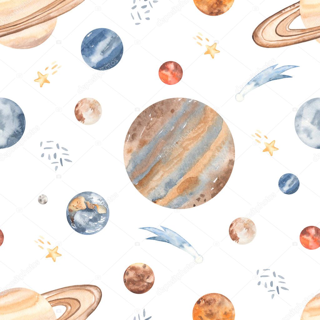 Planets of the solar system mercury, mars, earth, venus, jupiter, saturn, neptune, pluto, uranus Watercolor seamless pattern cosmos