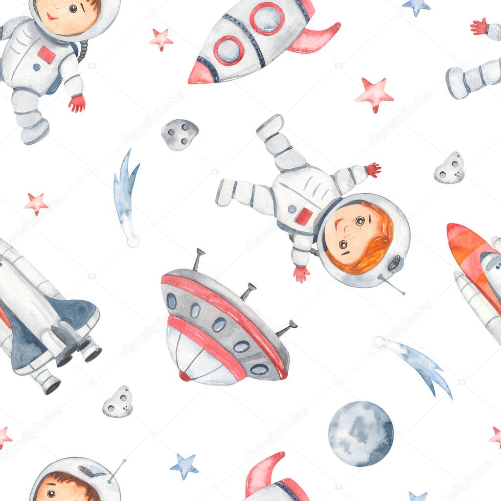 Little astronauts, rocket, shuttle, flying saucer, comets, meteorites, planet Watercolor seamless pattern space