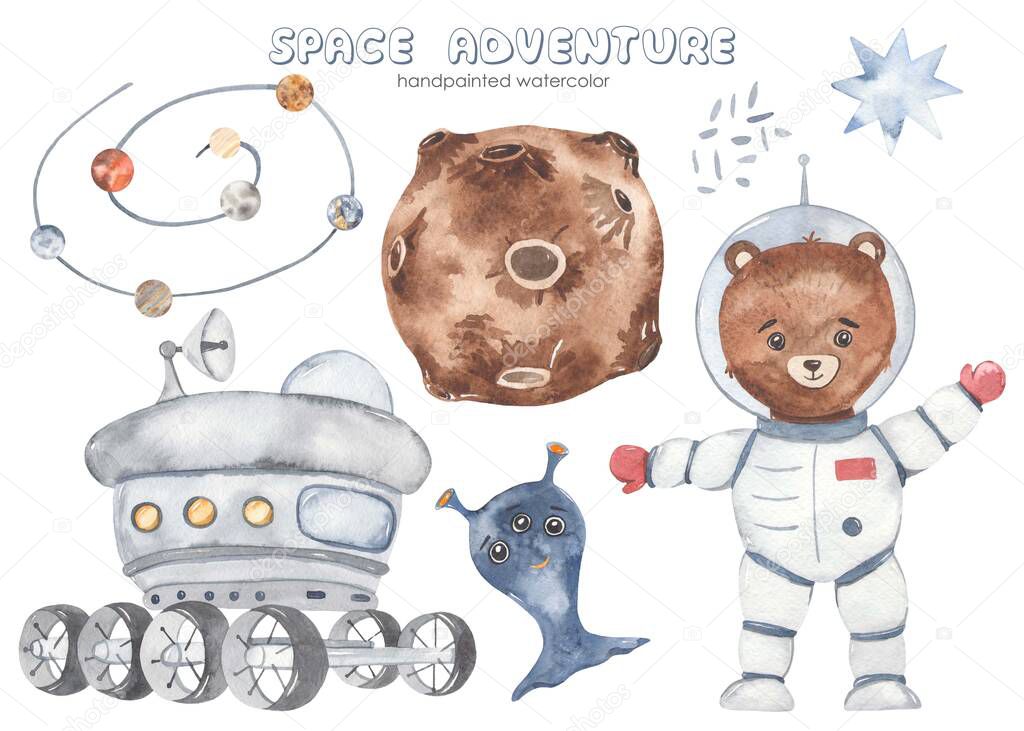 Bear astronaut, planet, moon rover, solar system, alien, star Watercolor set Space adventure