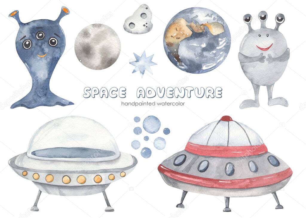 Flying saucer, aliens, planet earth, star, moon Watercolor set Space adventure
