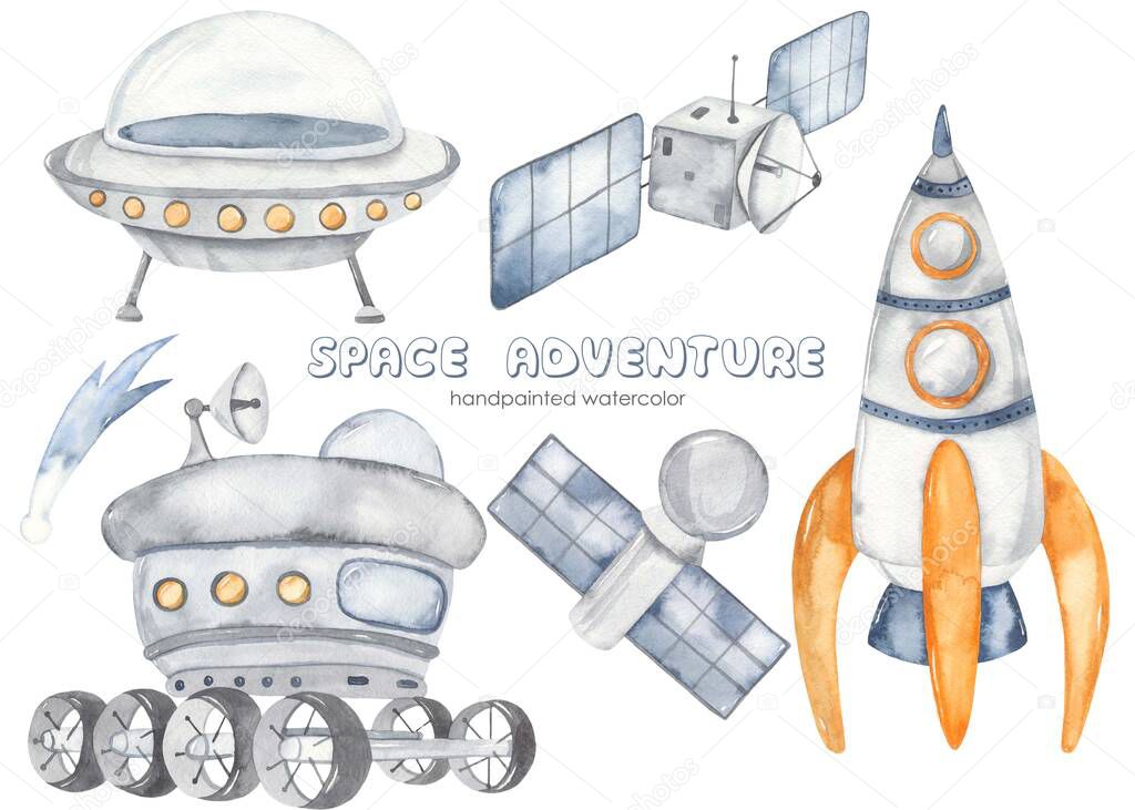 Flying saucer, moon rover, rocket, satellite, comet, UFO Watercolor set Space adventure
