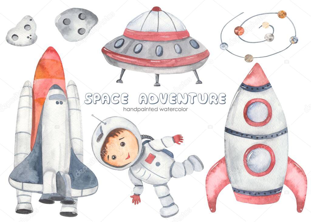 Space adventure with flying saucer, Shuttle, astronaut, young astronaut, boy, rocket, meteorite, UFO Watercolor set 