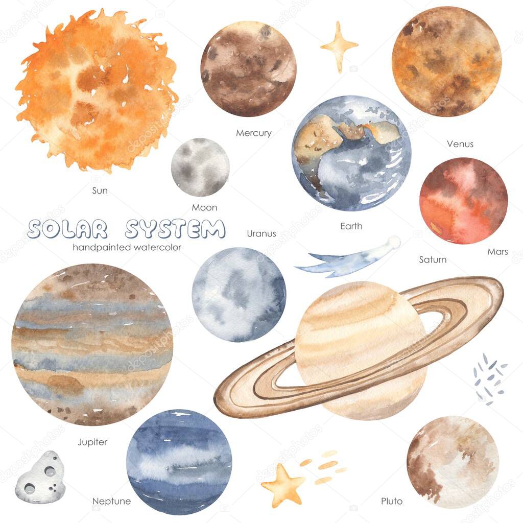 Space adventure with lpanets of the solar system, sun, saturn, jupiter, earth, mercury, venus, mars Watercolor set 