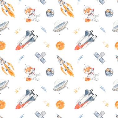 Fox uzay aracı, roket, uçan daire, mekik, gezegenler, beyaz arka plandaki yıldızlar sulu boya desenleri, küçük astronot