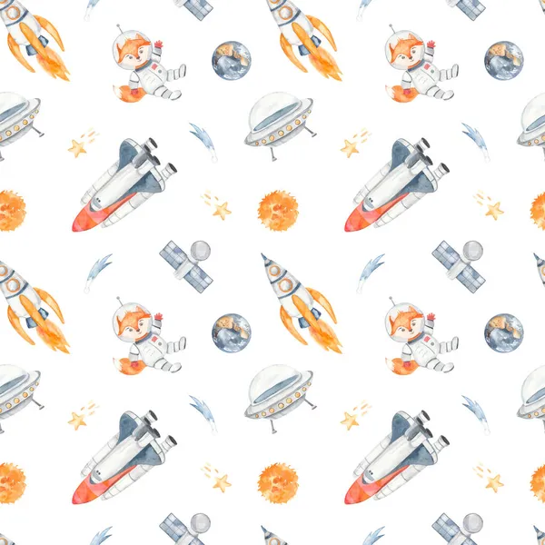 狐狸空间 航天飞机 白色背景的恒星太空水彩画 小宇航员 — 图库照片