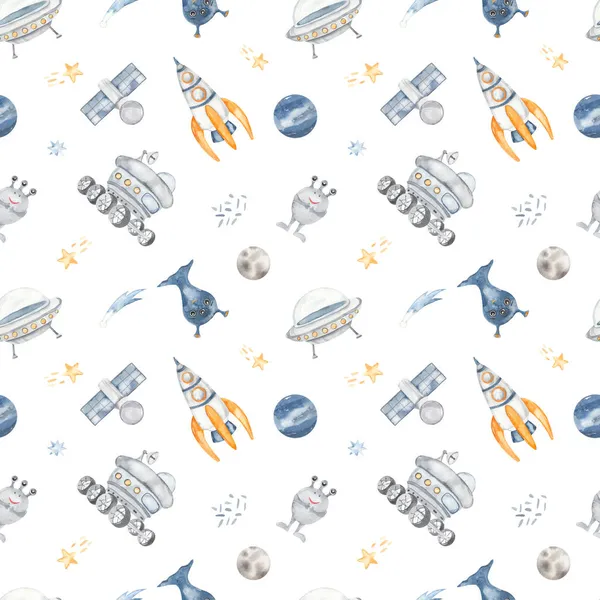 Flying saucer, rocket, satellite, lunar rover, aliens, stars, planets on a white background Watercolor seamless pattern space