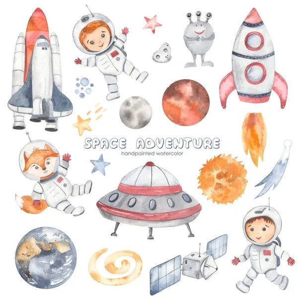 Space Adventure Planets Solar System Little Astronauts Rocket Flying Saucer — Stock Photo, Image