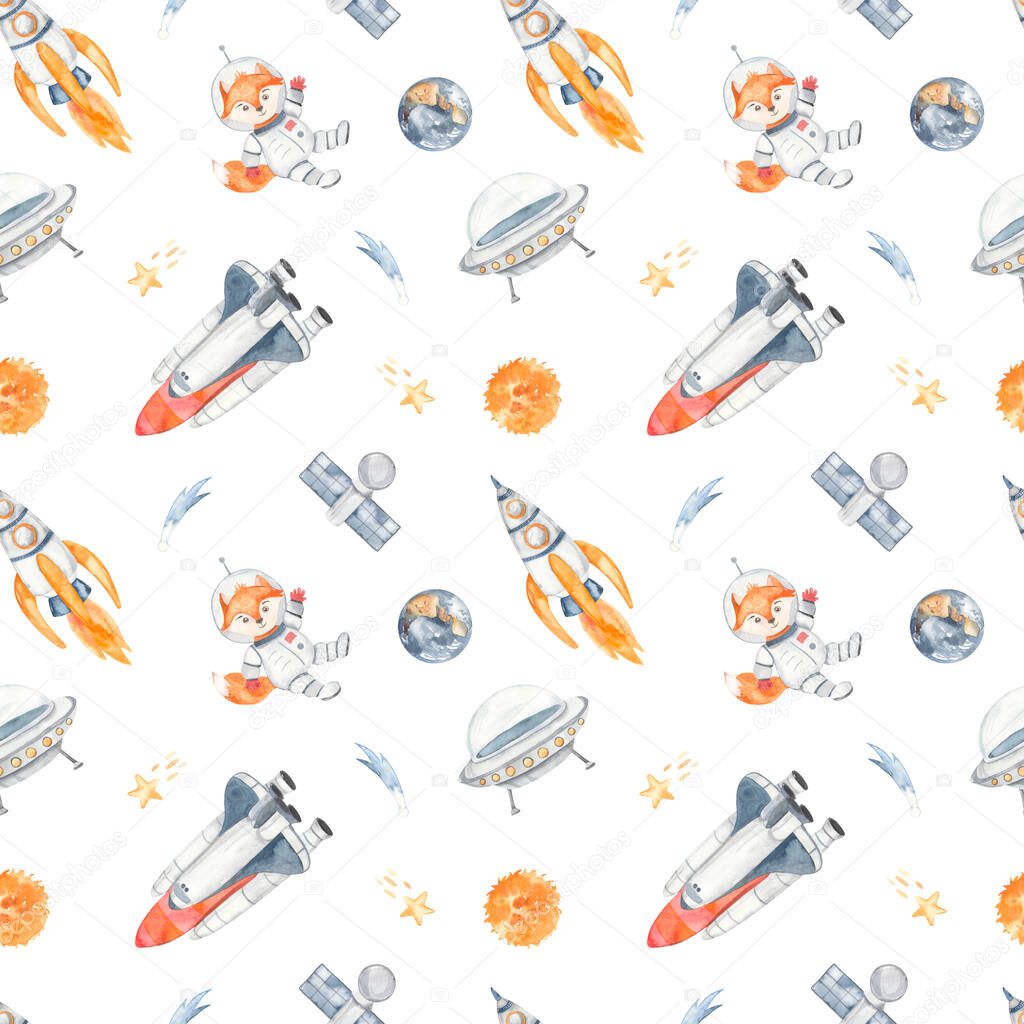 Fox spaceaut, rocket, flying saucer, shuttle, planets, stars on a white background Space watercolor seamless pattern, little astronaut