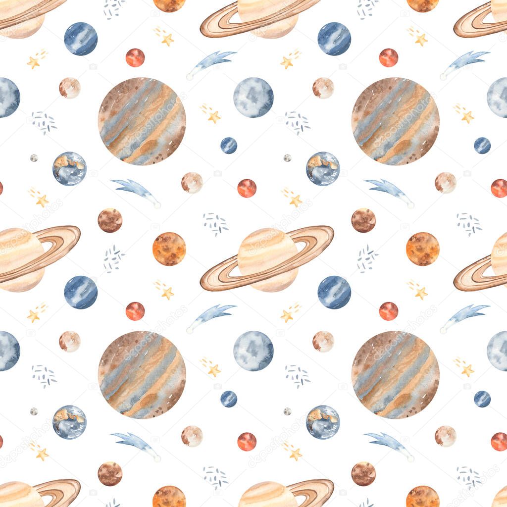 Planets of the solar system mercury, mars, earth, venus, jupiter, saturn, neptune, pluto, uranus on a white background Watercolor seamless pattern cosmos