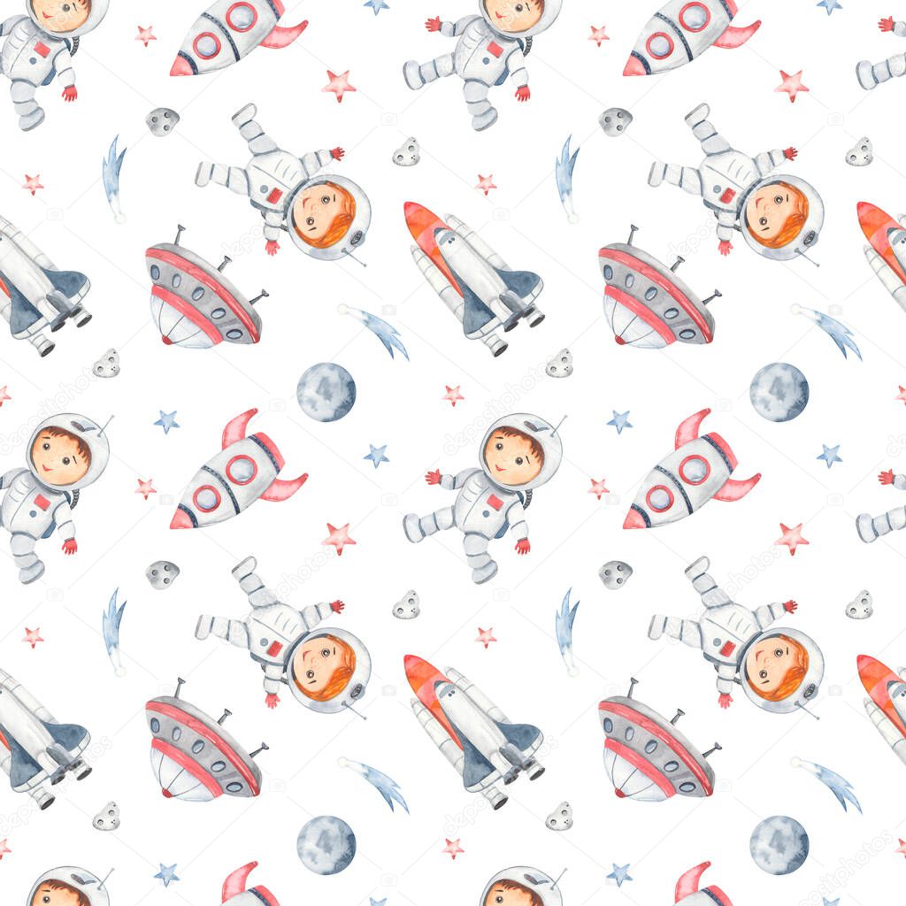 Little astronauts, rocket, shuttle, flying saucer, comets, meteorites, planet on a white background Watercolor seamless pattern space