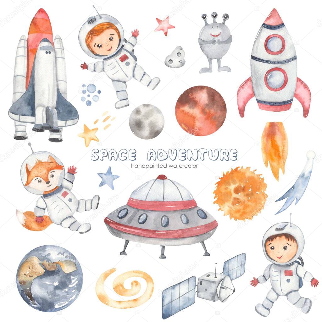Space adventure with planets of the solar system, little astronauts, rocket, flying saucer, alien, shuttle, earth, stars Watercolor set 