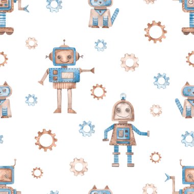 Robotlar, robot kız, robot kedi, tekerlekli robot, dişli, sulu boya desensiz
