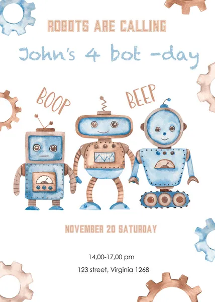 Robôs Engrenagem Para Meninos Watercolor Cartão Convite Aniversário — Fotografia de Stock