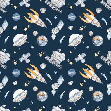 Uzay teknolojisi, ay gezgini, uydu, roket, gezegenler, mavi arka planda kuyruklu yıldız.