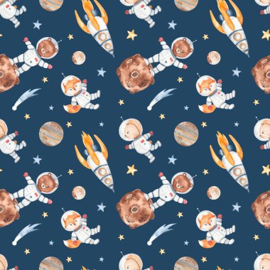 Küçük astronotlar, tilki, ayı, roket, gezegenler, mavi zemin üzerinde kuyruklu yıldız.
