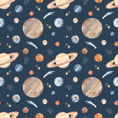 Merkür, Mars, Dünya, Venüs, Jüpiter, Satürn, Neptün, Pluto, Uranüs 'ün mavi arkaplan, suluboya desensiz kainat kuşağı