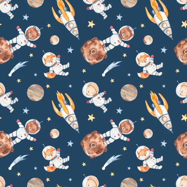 Little astronauts, fox, bear, rocket, planets, comet on a blue background Space watercolor seamless pattern