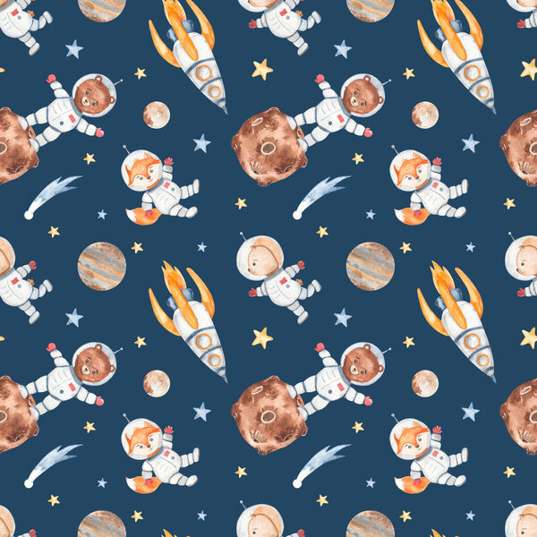 Маленькие астронавты, лиса, медведь, ракета, планеты, комета на голубом фоне Космический акварель бесшовный узор
