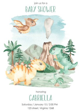 Küçük dinozor stegosaurus, parasaurolophus, pterodactyl ve tarih öncesi manzara suluboya bebek partisi 