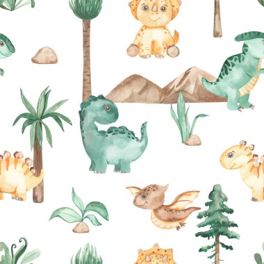 Tarih öncesi dinozorlar, dağlar, ağaçlar, stegosaurus, pterodactel, triceratops... 