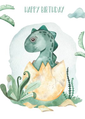 Yumurta içinde bebek dinozor Watercolor kartı Mutlu yıllar 