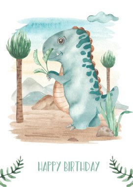 Tropik yaprakları olan küçük dinozor tyrannosaurus suluboya doğum günü kartı