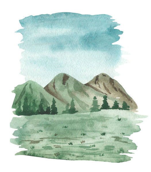 Доисторический мир, эпоха динозавров с горами Акварель пейзаж 