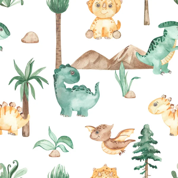 Prehistoric world of dinosaurs, mountains, trees, stegosaurus, pterodactel, triceratops Watercolor seamless pattern 