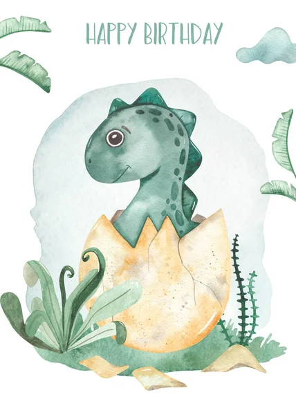 Baby Dinosaurie Ägg Akvarell Kort Grattis Födelsedagen — Stockfoto