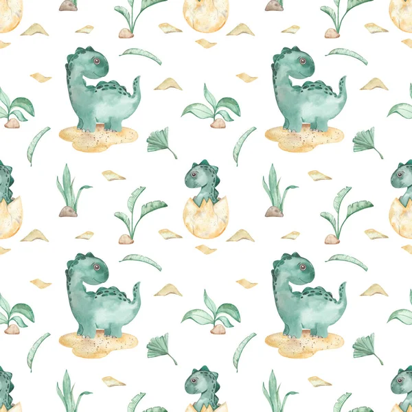 Baby dinosaurs, brontosaurs, shells, leaves, tropical leaves on a white background Watercolor seamless pattern