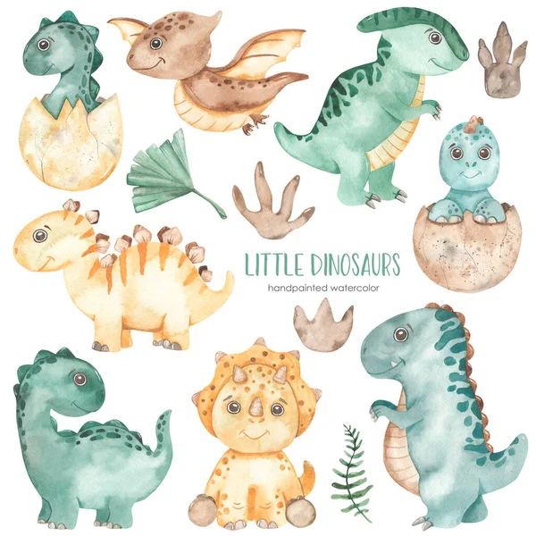 Küçük dinozorlar, tyrannosaurus, triceratops, pterodactyl, parasaurolophus, brontozor, dinozor ayak izleri, suluboya seti 