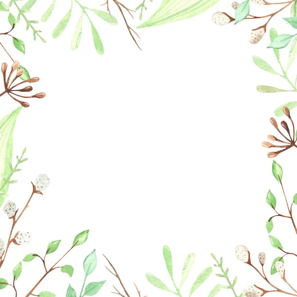 Delikat Grönska Blad Kvistar Lövverk Akvarell Påsk Fyrkantig Ram — Stockfoto