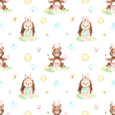 Kirpi, ayı, bulutlar, güneş, beyaz zemin üzerinde paskalya yumurtaları.