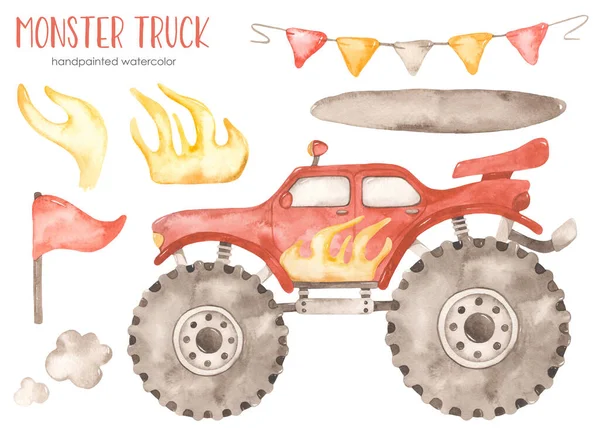 Fire Suv Truck Flags Shadow Smoke Monster Truck Red Watercolor — Stock Photo, Image