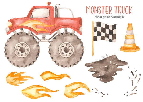Lightning Mud Suv Truck Road Chip Flag Watercolor Monster Truck — Stock Photo, Image