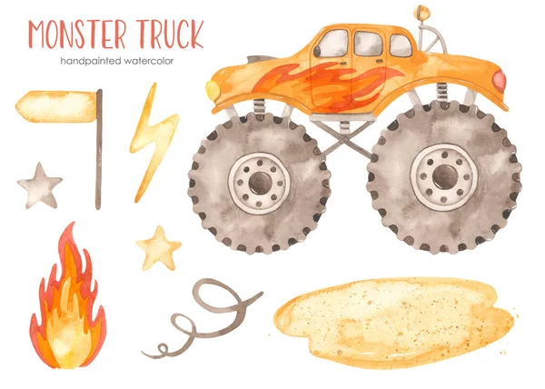 Blitz Feuer Suv Lkw Zeiger Sand Sterne Aquarell Monstertruck — Stockfoto