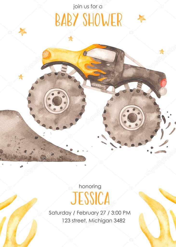 Monster truck black and fire on mud trampoline Watercolor baby shower 