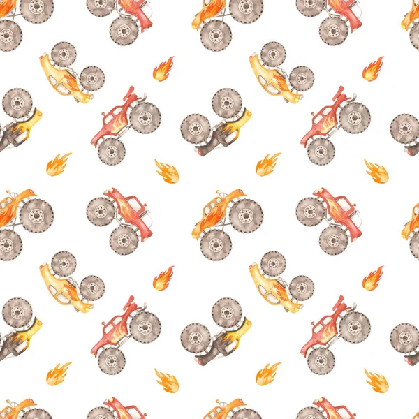 Monster trucks and fire on a white background Watercolor seamless multidirectional pattern