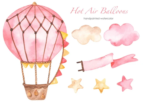 Balão Quente Rosa Com Nuvens Estrelas Fita Para Meninas Conjunto — Fotografia de Stock