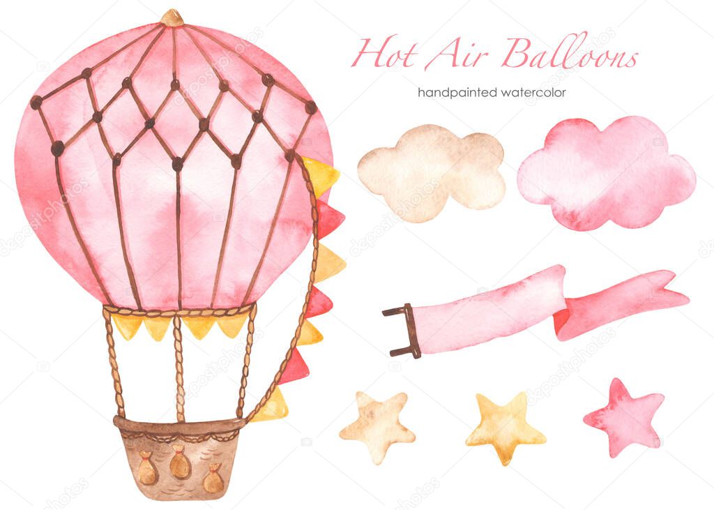 Hot air balloon pink with clouds, stars, ribbon, for girls Watercolor set 