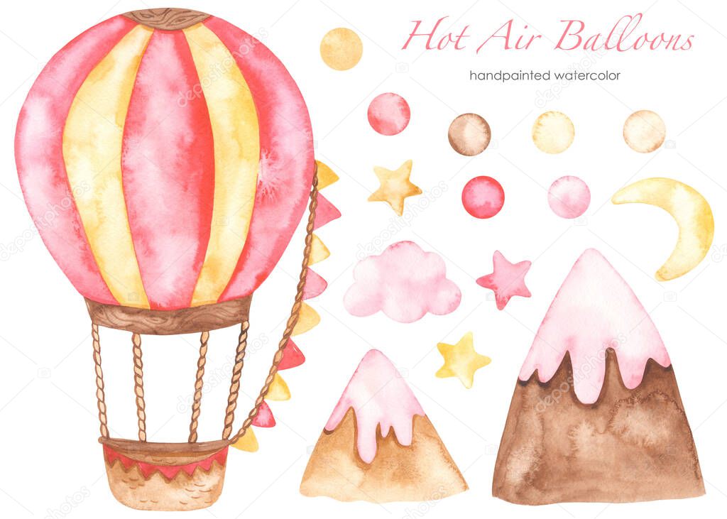 Hot air balloon pink with clouds, stars, mountains, polka dots, for girl, birthday Watercolor set 