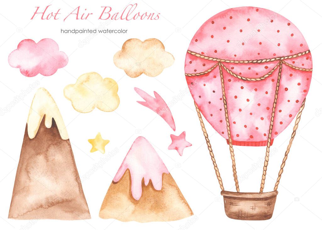 Hot air balloon pink with clouds, stars, mountains, for girl, birthday Watercolor set 