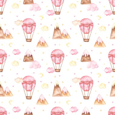 Pembe sıcak hava balonları, bulutlar, dağlar, yıldızlar beyaz arka plandaki bir kız için.