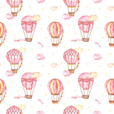 Pembe sıcak hava balonları, aerodinamitler, bulutlar, yıldızlar beyaz arka plandaki bir kız için.