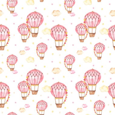 Pembe sıcak hava balonları, bulutlar, yıldızlar beyaz arka plandaki bir kız için sulu boya desensiz