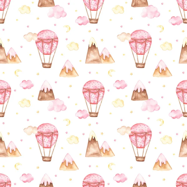 Pembe sıcak hava balonları, bulutlar, dağlar, yıldızlar beyaz arka plandaki bir kız için.