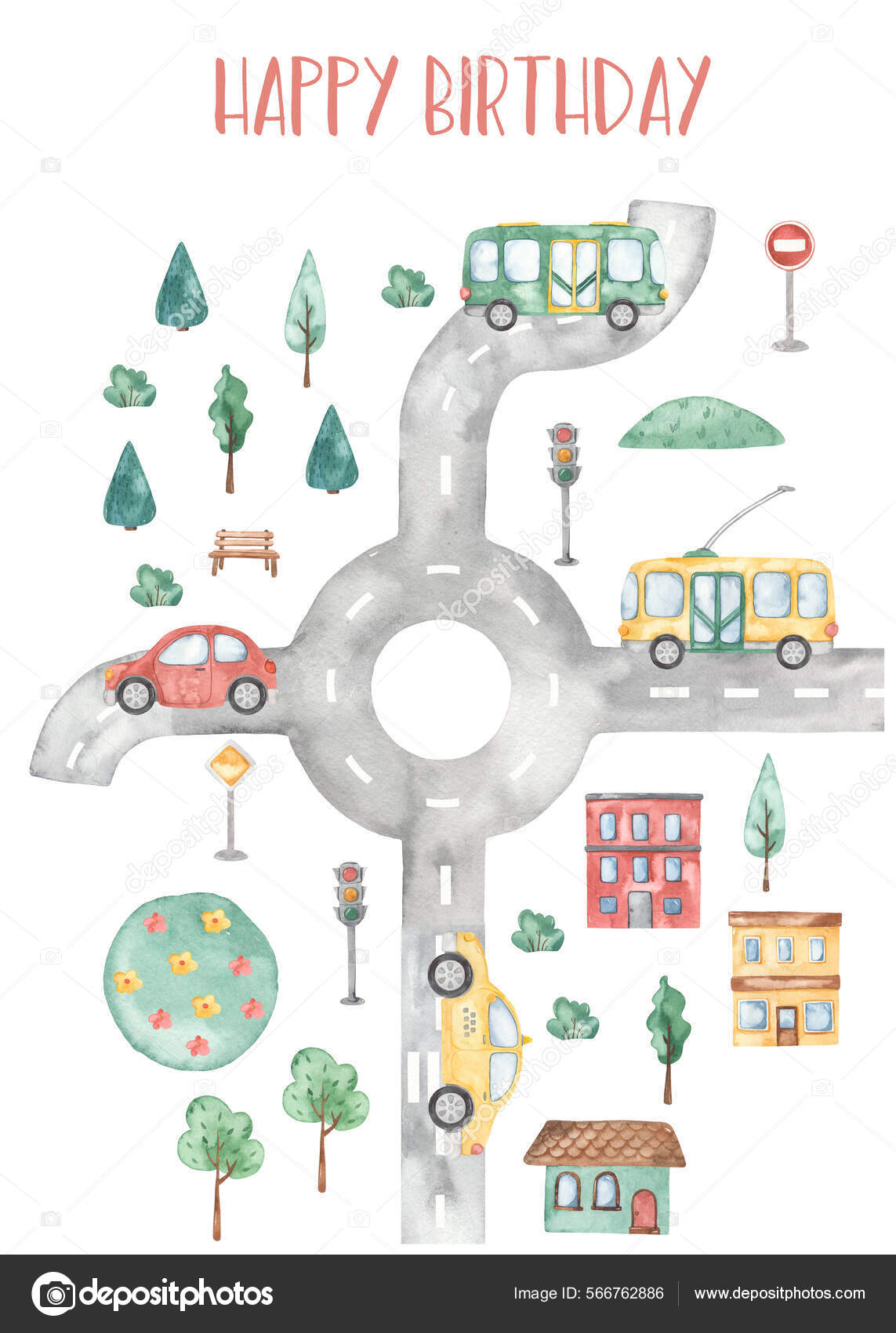 Car House Road Traffic Light Trees Road Signs Happy Birthday Stock