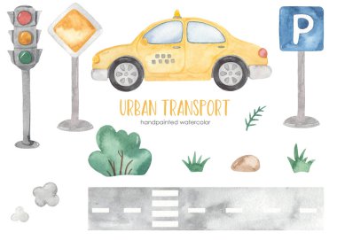Taksi, yol işaretleri, trafik ışığı, çalı, çimen Watercolor Şehir Taşımacılığı