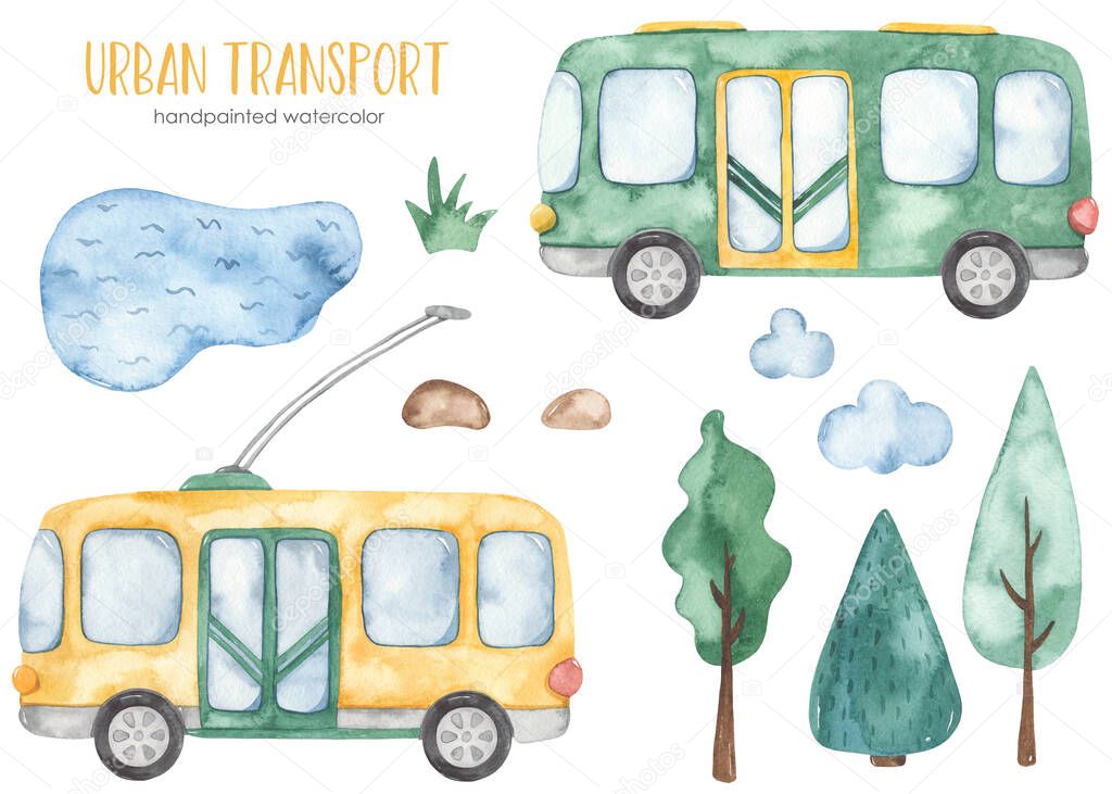 Bus and trolleybus, lake, trees, grass City transport in watercolor 